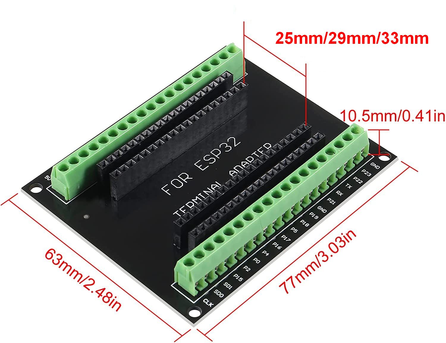 ESP32 microcontroller module terminal adapter afmetingen aangepast